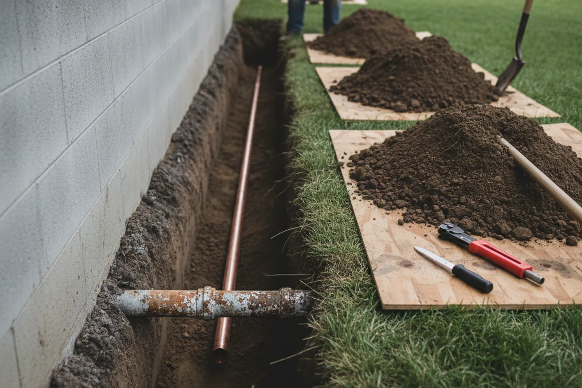 Excavated water line trench during Water Heater Repair in Naperville